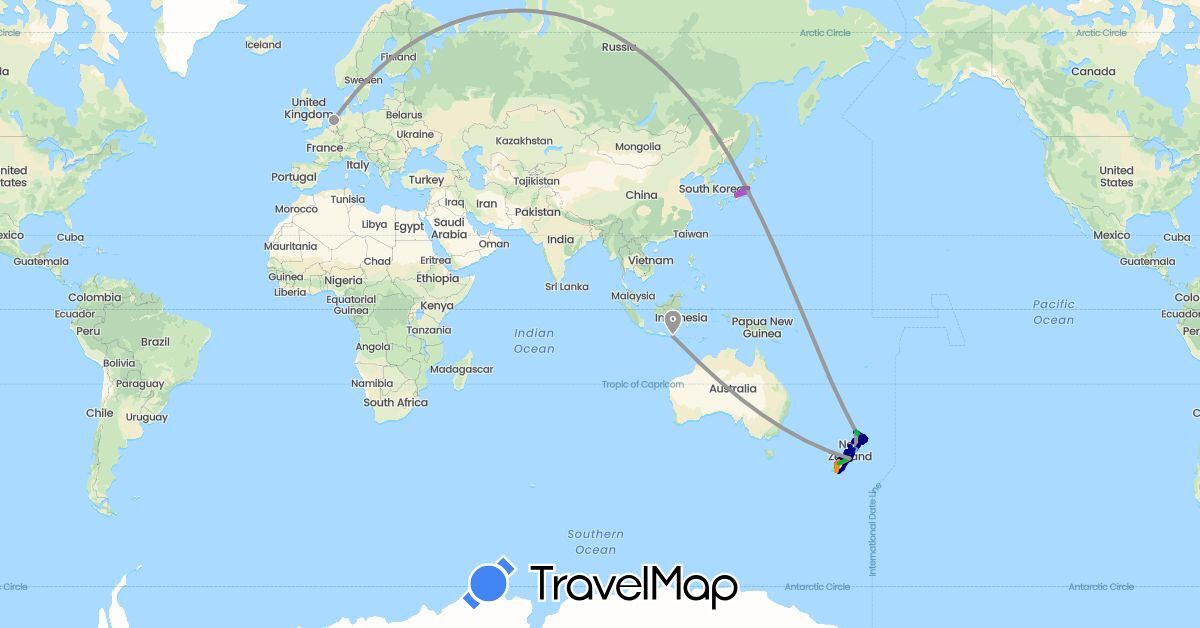 TravelMap itinerary: driving, bus, plane, train, hiking, boat, hitchhiking in Indonesia, Japan, Netherlands, New Zealand (Asia, Europe, Oceania)